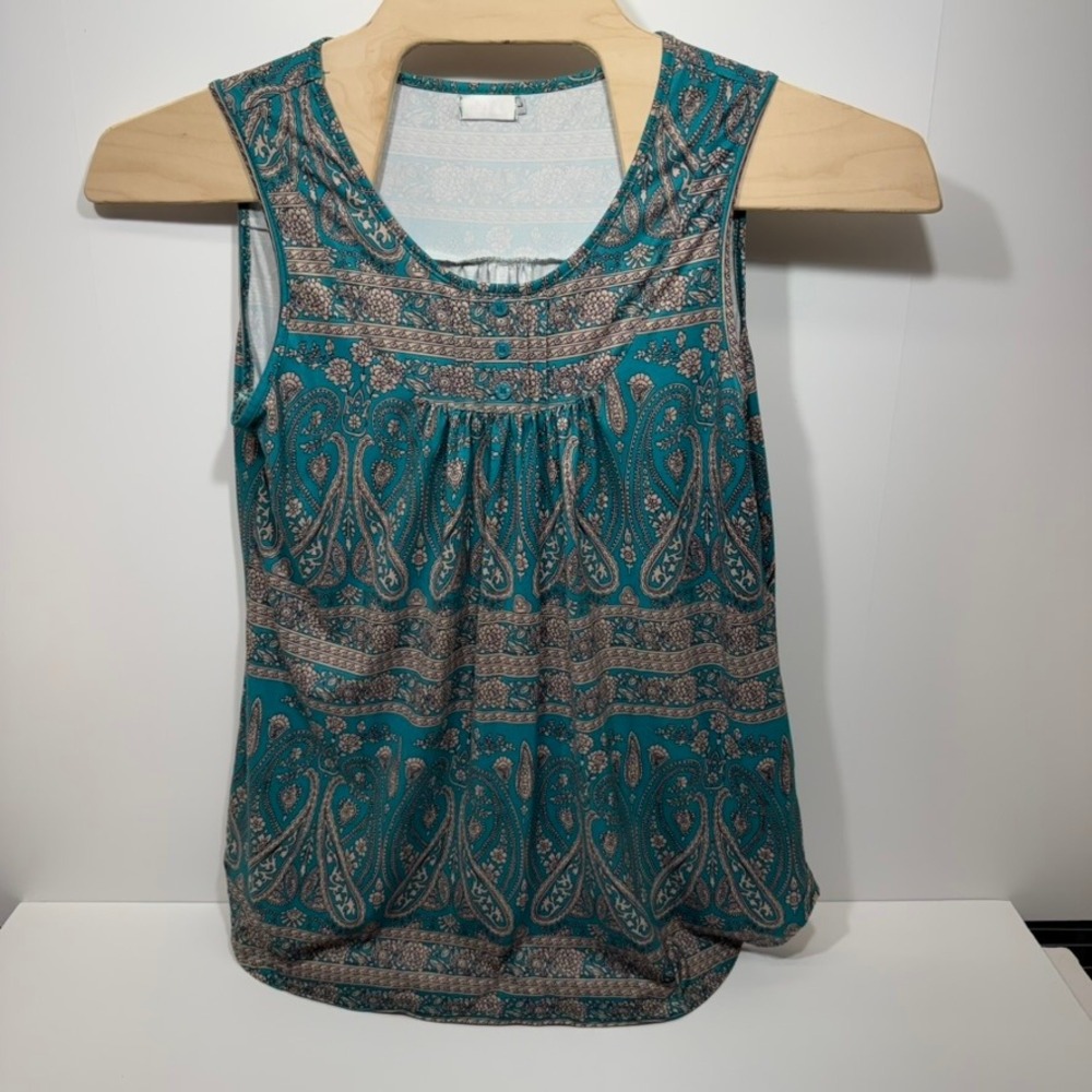 Halie Women Large Teal Paisley Floral Sleeveless Pleated Scoop Neck Tank Top
